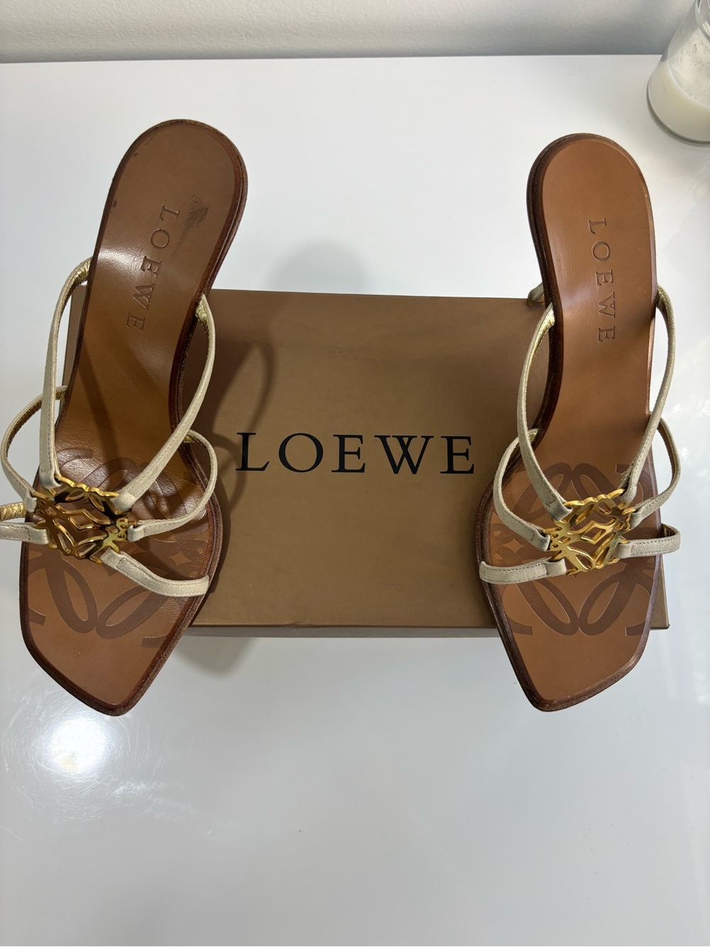 Loewe Cream Leather Strappy Slide Heels with Gold Anagram